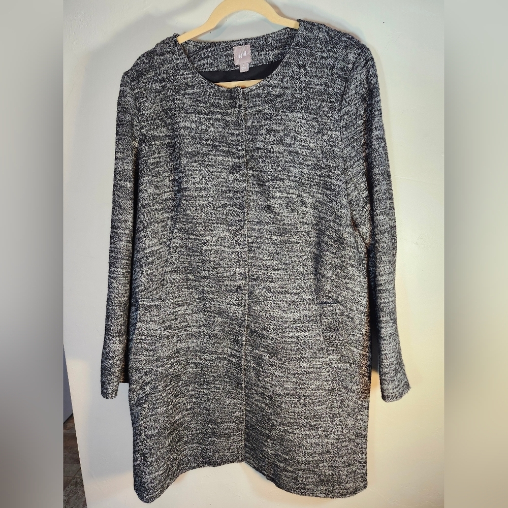 J Jill Gray Black Long Tweed Collarless Wool Blend Sz L